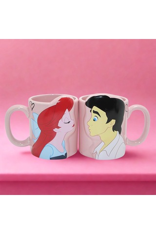Ariel Ve Prens Figürlü 3d Çift Kupa Bardak Seti Sevgili Kupa Bardak Açık Pembe