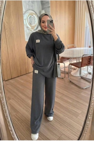 Unika Boutique Fitilli Armalı Detaylı Oversize Kaşkorse Basic Alt Üst Takım Gri