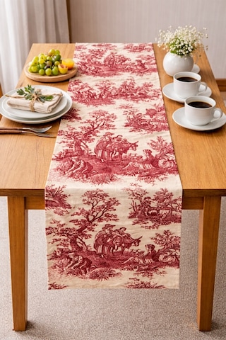 Toile De Jouy %100 Pamuk Dekoratif Masa Runner 40x110 Cm - Zt310 Kırmızı