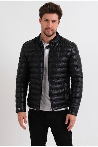 Oliggopol Erkek Siyah Slim Fit İçi Kürklü İç Cepli Şişme Deri Mont Siyah