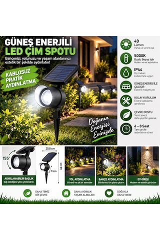 Solar Led Bahçe Spotu 40 Lümen 5000k Beyaz Işık Kazıklı Çim Ve Peyzaj Aydınlatma