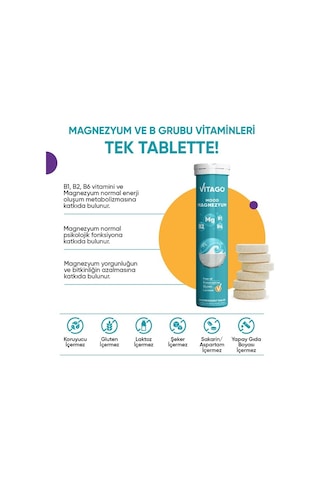﻿Vitago Mood Magnezyum Vitamin B1 Vitamin B2 ve Vitamin B6 İçeren Takviye Edici Gıda﻿﻿ 20 Efervesan Tablet