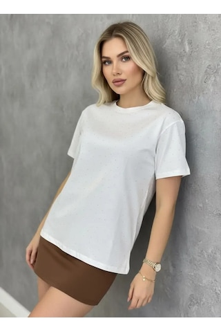 Park Karon 26047 Pamuk Kadın Bisiklet Yaka Taş İşleme Oversize Penye Bluz Ekru