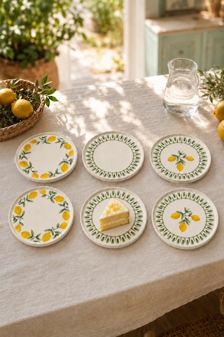 Yeşil Limon 6 Lı Seramik Pasta Ve Servis Tabağı Seti 20 Cm Limon Desenli Akdeniz Sofra Takımı Beyaz