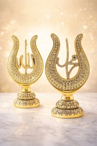 Taş İşlemeli Gold Biblo Allah & Muhammed S.a.v Lale Figürlü Taşlı Masa Üstü Biblo 2 Li Set 22 Cm Sarı