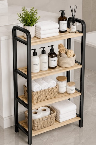 4 Katlı Ahşap Banyo Düzenleyici 1. Kalite Ahşap 50 Cm Plastik Çerçeveli Banyo Rafı Çok Amaçlı Düzenleyici Açık Bej