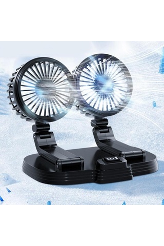9626 360 Derece Dönüş Çift Kafa Araba Soğutma Fanı Şarj Edilebilir İki Hızlı Masa Fanı - Beyaz