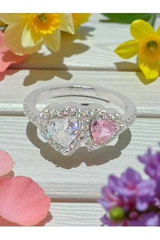 925 Ayar Gümüş Çift Kalpli Pembe Ve Beyaz Taşlı Yüzük Romantik Ve Zarif Tasarım Gümüş