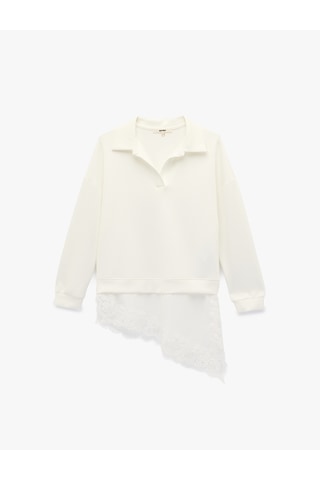 Koton Uzun Kollu Polo V Yaka Dantelli Etek Ucu Detaylı Sweatshirt Beyaz 6sak10170ek Beyaz