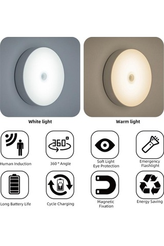 Jms Beyaz Şarj Edilebilir Led Hareket Sensörü Usb Led Gece Lambası Kablosuz Enerji Tasarruflu Beyaz