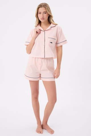 Lespadon Marısılk Seastrıpe Kadın Yazlık Şortlu Crop Gömlekli Pijama & Lounge Takımı-3173 Pembe