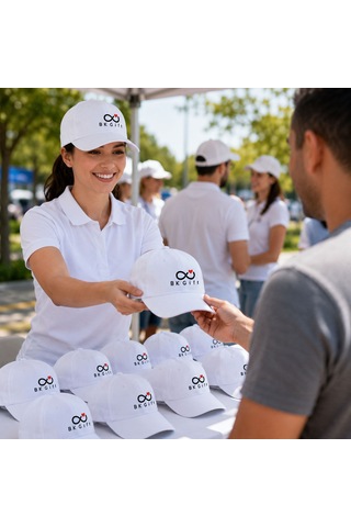 Logonuza Özel 10 Adet Ayarlanabilir Cırt Cırtlı Polyester Siperli Şapka 4 Renk Seçeneği Beyaz