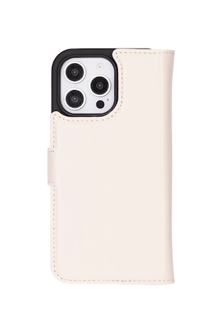 Apple Uyumlu iPhone 16 Pro , Hakiki Deri, El Yapımı, Cüzdanlı Kılıf, Krem Renk Krem