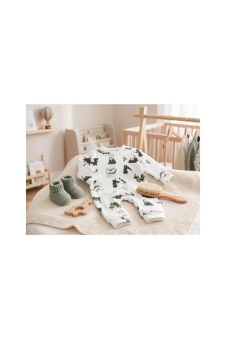 Deniva Kids Erkek Bebek Dinozor Desenli Fitilli Kaşkorse Uzun Kollu Çıtçıtlı Tulum - Beyaz 3-6 Ay