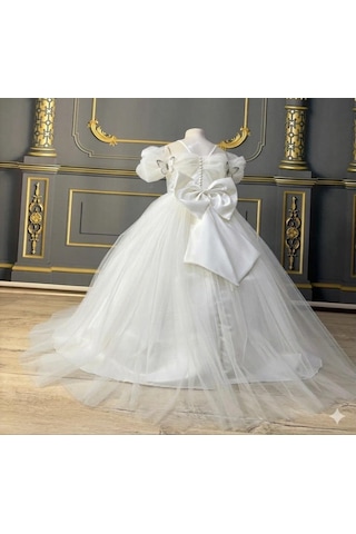 Star Kids Fashion Kız Çocuk Beyaz Kelebek Detaylı Prenses Elbise ,kız Çocuk Abiye Elbise