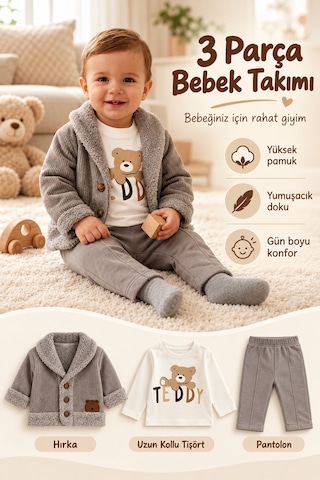 Ahengim Erkek Bebek 3 Parça Takım Ayıcık Baskılı Tişört Hırka Ve Pantolon Seti Ak8536 Gri