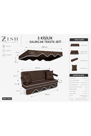 Altaleno 3 Kişilik 150 48 Cm Süngerli Bahçe Balkon Salıncak Minderi Yıkanabilir Kılıflı, Tenteli Keten Kumaş Tekstil Seti 24 Dns 8 Cm Orta Sert Sünger Kahverengi