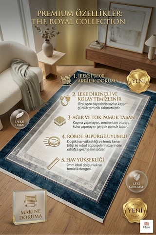 Premium Modern Çerçeveli Salon Halısı 9mm Hav Yükseklik Pamuk Dokuma Taban Lacivert Antrasit Geçişli Çok Renkli