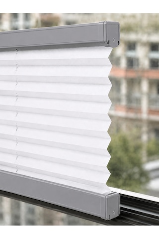 Plise Perde Beyaz Kumaş + Gri Profil Kasa Cam Balkon Perdesi