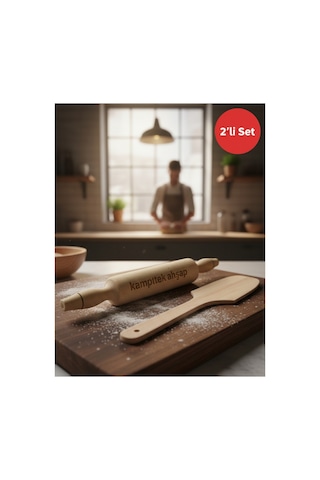 Orta Boy Merdane Ve Hamur Cevirme Spatula 2 Li Ahşap Hazırlık Seti Merdane & Spatula