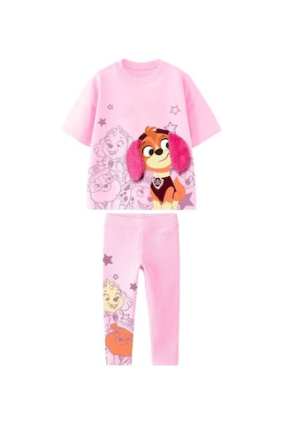 Lolliboomkids Pembe Renk Peluş Kulak Detaylı Itfaiyeci Köpek Baskılı Pamuklu T-shirt Tayt Alt-üst Takım Pembe