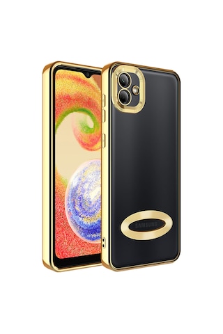 Zore Galaxy Uyumlu A04 Kılıf Kamera Korumalı Logo Gösteren Omega Kapak - Gold Gold