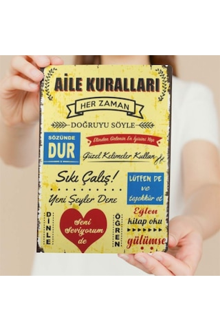 Aıle Kuralları Ahşap Duvar Ve Kapı Süsü Retro Ahşap Pano 28 X 20