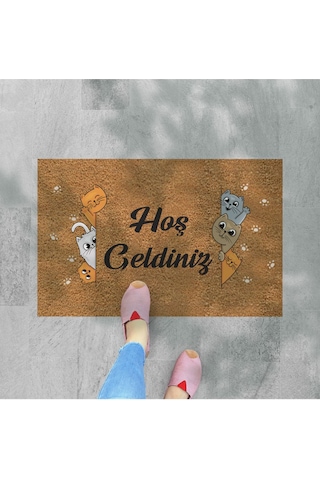 Hoş Geldiniz Yazılır Temalı Kedili Dekoratif Dış Kapı Önü Ve Iç Mekan Paspası Kahve - Krem