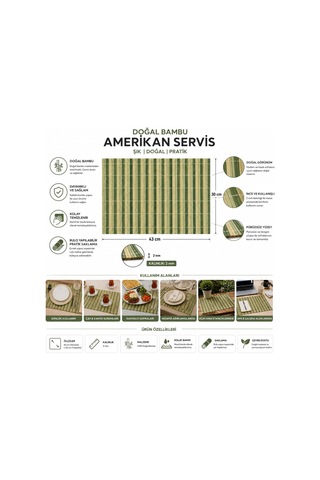 Lexroo Bambu Amerikan Servis Sofra Altlığı Yeşil Doğal Desenli 43 X 30 Cm 2 Mm Kalınlık Rulo