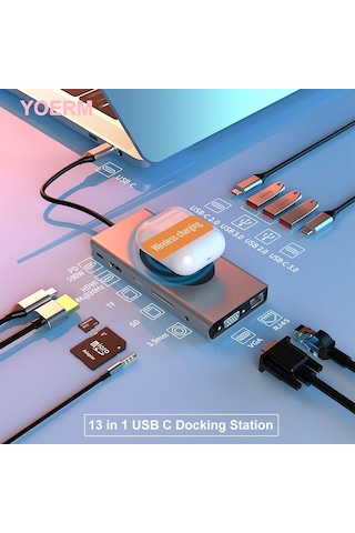 Yerleştirme İstasyonu Usb C Hub 13'ü 1 Arada Kablosuz Şarj İstasyonu, Usb C - Hdmı, Ethernet, Vga, 5 Usb Ve Sd/tf,