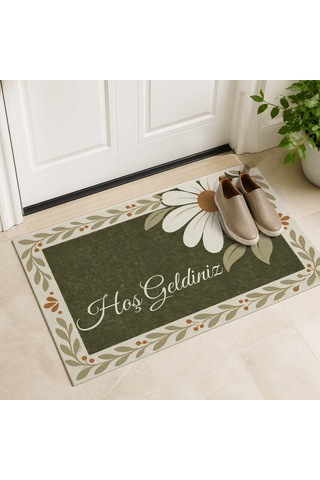 Kartela Halı Hoş Geldiniz Yazılı Papatyalı Kapı Paspası Zeytin Kaymaz Kauçuk Taban 50x75 Cm