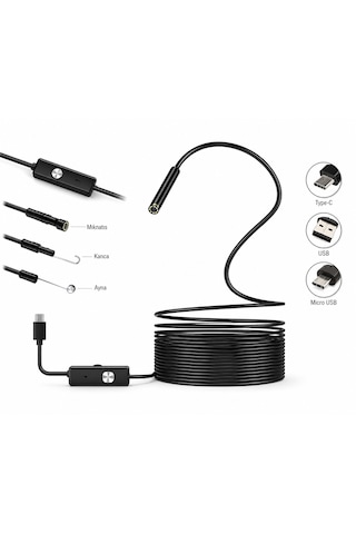 Endoskop Yılan Video Kamera Led'li 2 Metre 7 Mm Sert Kablo Su Geçirmez All In