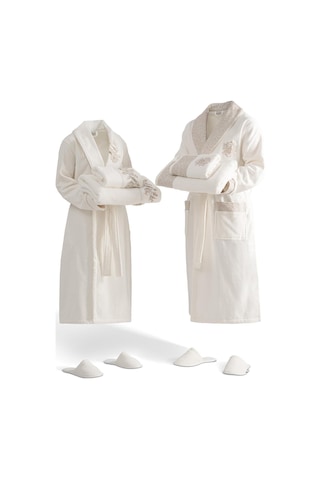 Ecocotton Vanya Krem/krem %100 Organik Pamuk 10 Parça Aile Bornoz Seti M-l Krem