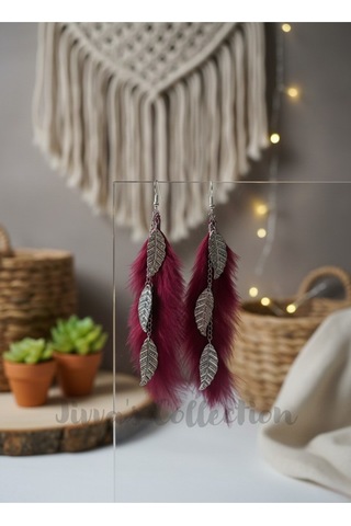 Bohem Bordo Tüy & Yaprak Figürlü Uzun Sallantılı Küpe. Modern Boho Vintage Stil