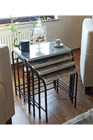 Milano 3d Parlak Sunta Metal Statik Siyah Ayaklı 4'lü Zigon Sehpa Üreticiden E1 Tse Mermer