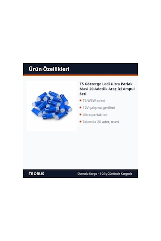 Trobus T5 Gösterge Ledi Ultra Parlak Mavi 20 Adetlik Araç İçi Ampul Seti