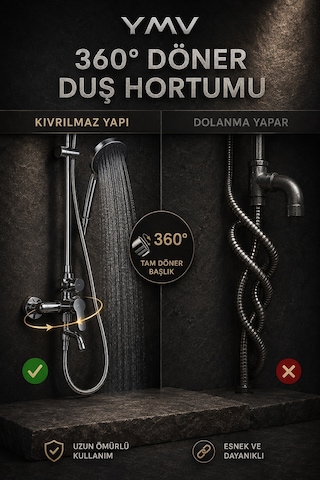 Ymv Gri Pvc Duş Hortumu 150 Cm Esnek Pürüzsüz Banyo Duş Başlığı Hortumu Duş Spirali