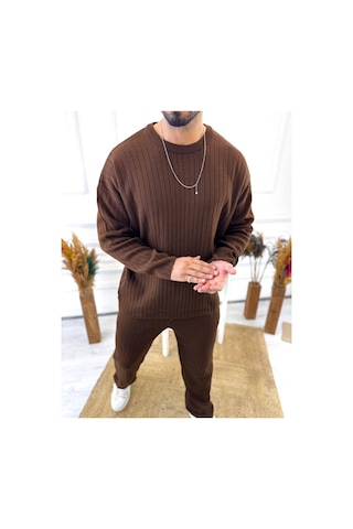 Uzun Kollu Tişört Fitilli Örme Triko Yumuşak Dokulu Tüylenmez Pamuklu Kazak Sweatshirt Kahverengi