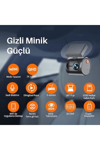 Kawa Mini 3 Gen2 2k 1296p Wifi 145 Geniş Açı Gece Görüşlü 32gb Hafıza Kartlı Akıllı Araç Kamerası