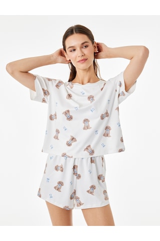 Koton Köpek Baskılı Rahat Kesim Köpek Baskılı Şortlu Pijama Takımı Bej Desenli 6slk40122mk Ekru