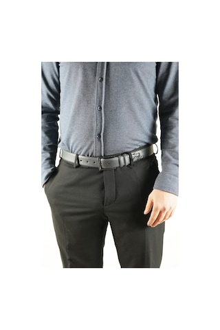 Parscraft Hakiki Deri Erkek Kemer 3.5 CM Antrasit Siyah Klasik Kumaş Kemeri Siyah