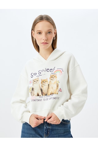 Koton Kapüşonlu Kedi Baskılı Şardonlu Rahat Kalıp Crop Sweatshirt Ekru 5wal10613ık Ekru Ekru