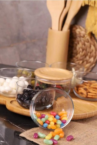 Duo - 7'li Dönen Tepsili Bambu Silikonlu Kapaklı Hava Aldırmaz Cam Kahvaltılık 300 Ml Kahverengi