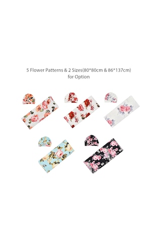 Neevoyu Yeni Doğan Bebe Örtüsü Ve Şapkalı Sarıma Bezi - Poliester Elbise - 80x80 Cm - Beyaz Üzeri Gül Desenli Çok Renkli