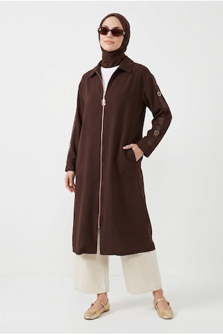 Armine Trend Kolları Şerit Detaylı Boydan Fermuarlı Allerli Giy Çık Kahverengi 26yt516