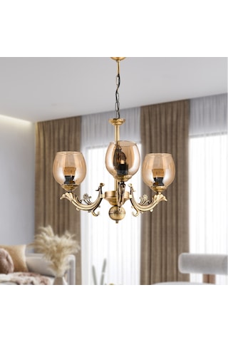 Dede Üç Kollu Sava Zamak Avize Bal Rengi Camlı Eskitme Bal