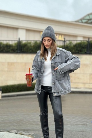 Kadın Gri Apaş Yaka, Çift Cepli, Kaliteli Jeans Kumaş, Salaş Kot Ceket Antrasit