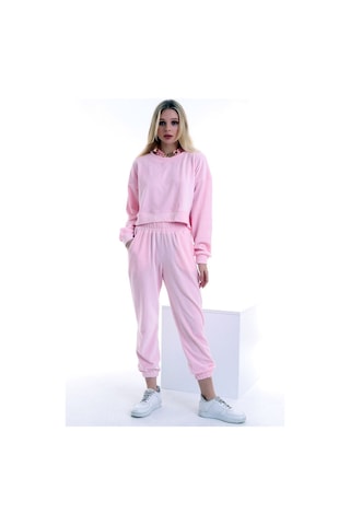 Dreamlike Kadife Yuvarlak Yaka Uzun Kollu Sweatshirt Cepli Bel Lastikli Pantolon Takım Pembe