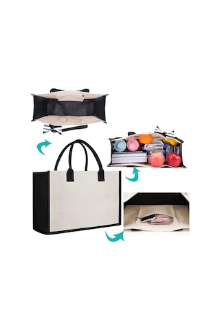 Tuval El Çantası Mektuplar Çiçek Taşınabilir Plaj Omuz Alışveriş Tote Çanta A425 Siyah