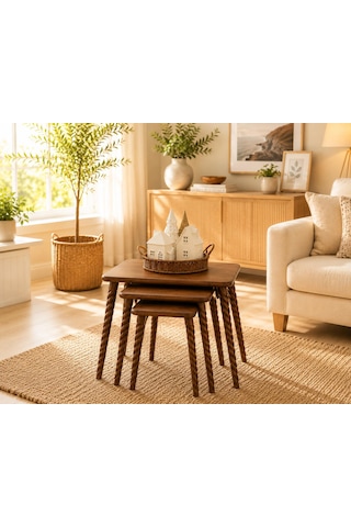 Sammwood Masif Doğal Ahşap Zigon Sehpa 3'lü Set, Modern Masif Yan Sehpa Ceviz